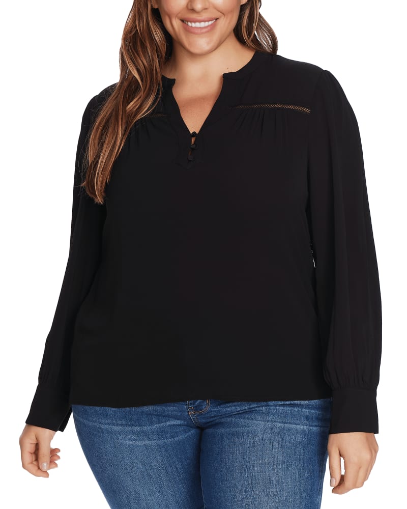 Front of a model wearing a size 1X Ariella V-Neck Cutout Blouse in 060-RICH BLACK by CeCe. | dia_product_style_image_id:263721